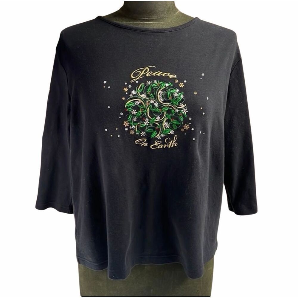 Allison Whitmore XL Holiday Shirt Peace On Earth Embroidered Black Top